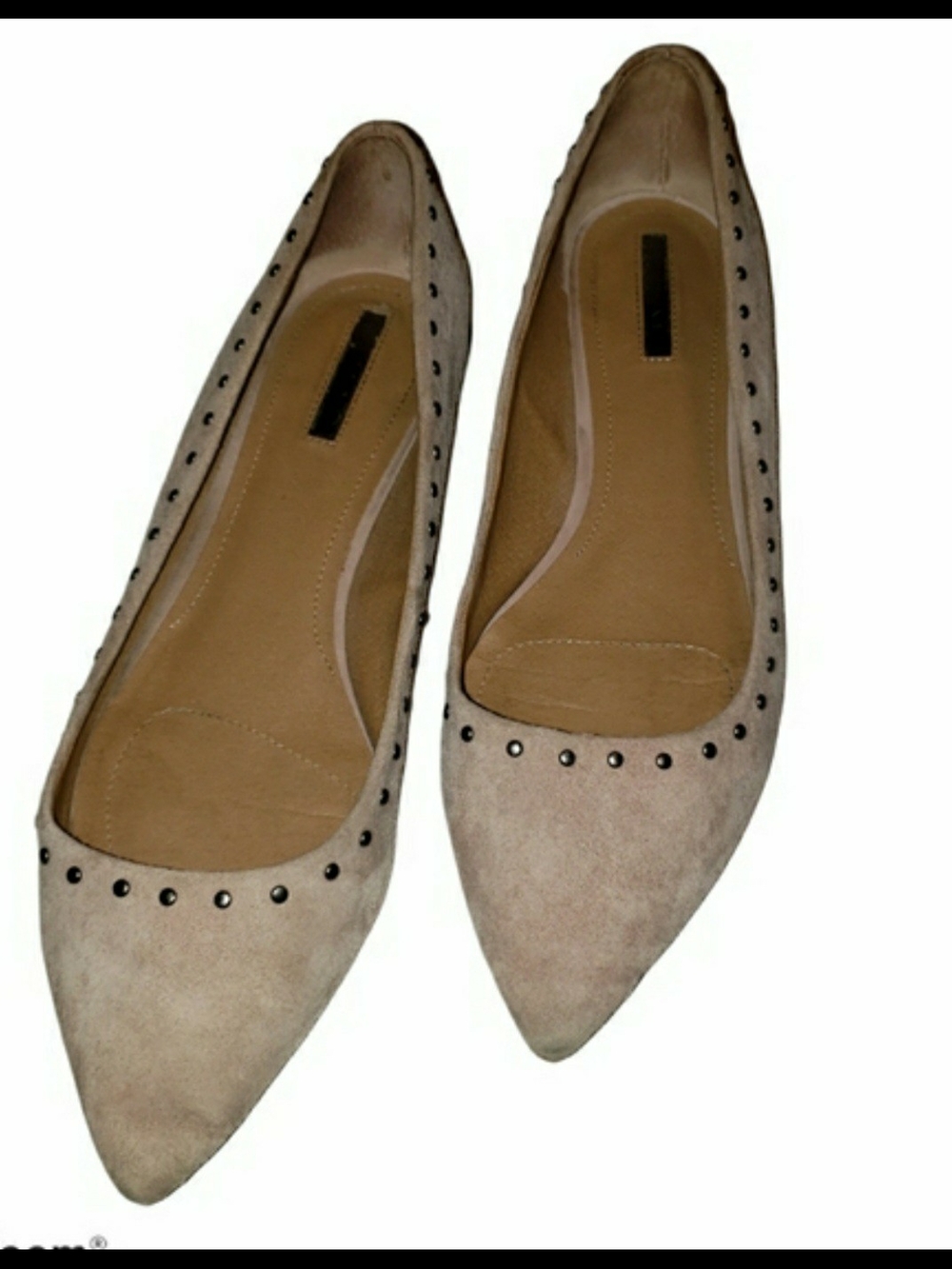 Tahari Elda Suede Pointed-Toe Flats, featuring a tan suede upper accented. Sz 11